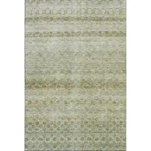 Photo of Artichoke Green Gray And Beige Striped Washable Area Rug With UV Protection