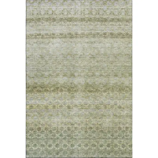 Artichoke Green Gray And Beige Striped Washable Area Rug With UV Protection Photo 1
