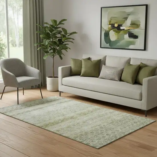 Artichoke Green Gray And Beige Striped Washable Area Rug With UV Protection Photo 2