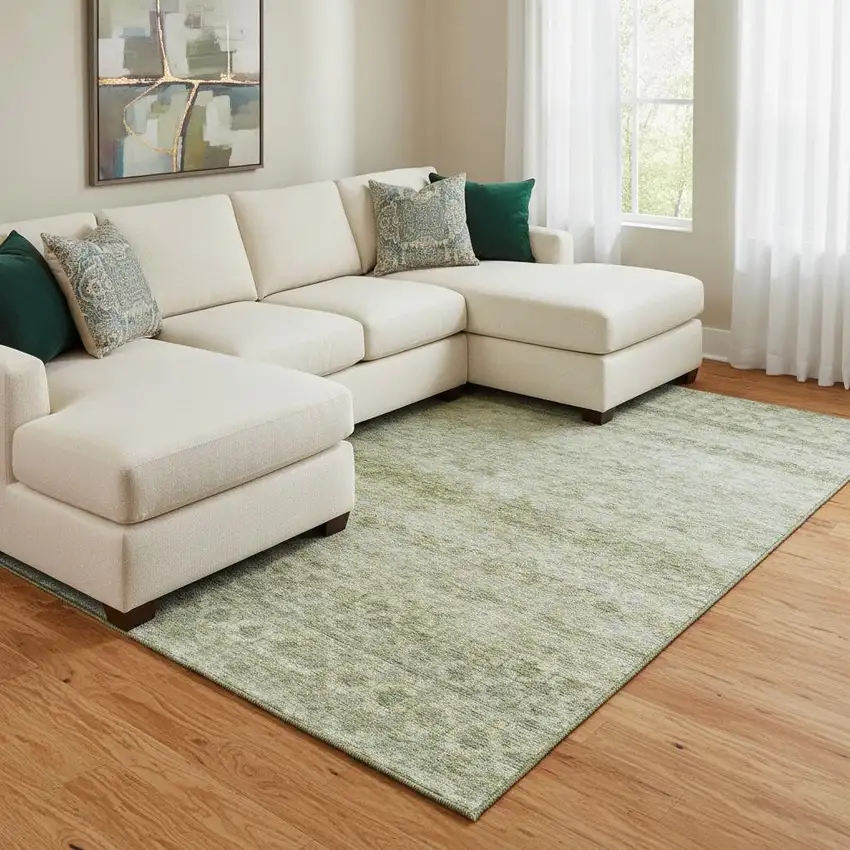 Artichoke Green Gray And Beige Striped Washable Area Rug With UV Protection Photo 2