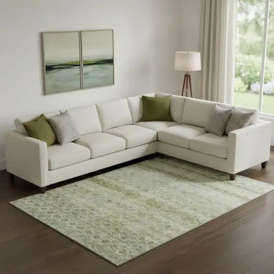 Artichoke Green Gray And Beige Striped Washable Area Rug With UV Protection Photo 2