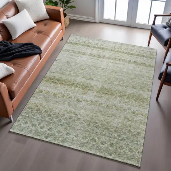 Artichoke Green Gray And Beige Striped Washable Area Rug With UV Protection Photo 6