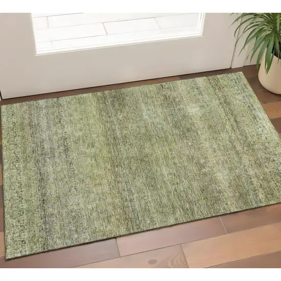 Artichoke Green Gray And Beige Striped Washable Area Rug With UV Protection Photo 1