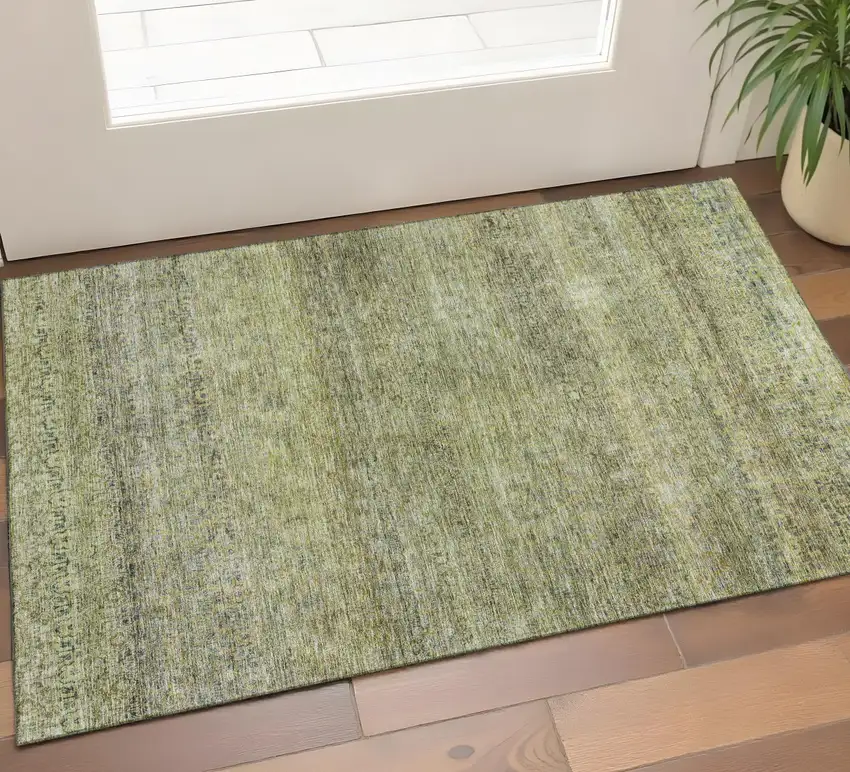 Artichoke Green Gray And Beige Striped Washable Area Rug With UV Protection Photo 1