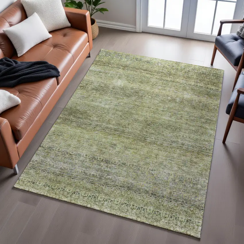 Artichoke Green Gray And Beige Striped Washable Area Rug With UV Protection Photo 1