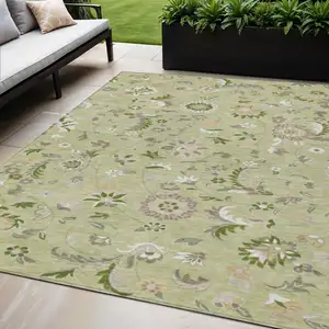 Photo of Artichoke Green Gray And Brown Floral Washable Indoor Outdoor Area Rug