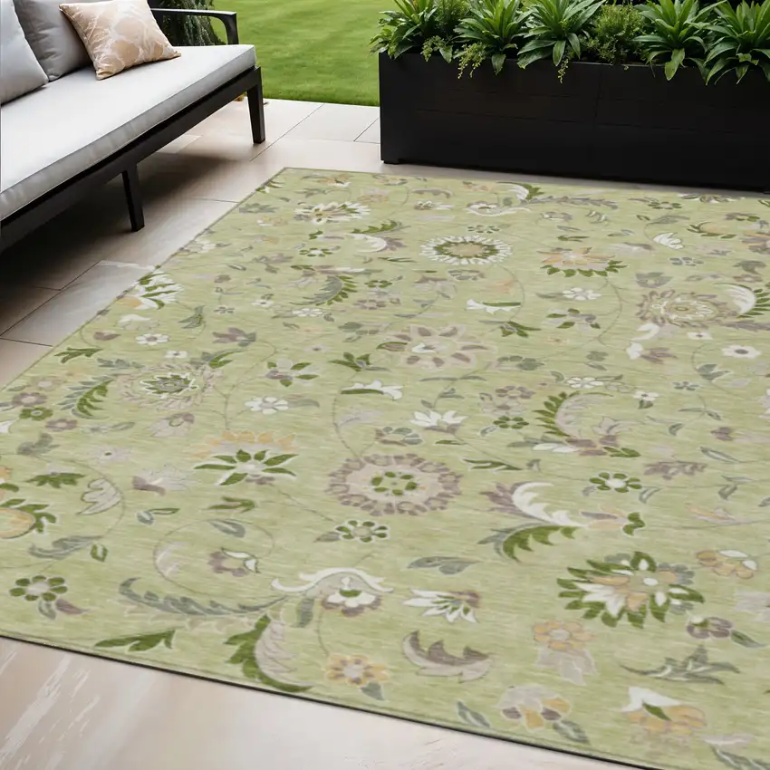Artichoke Green Gray And Brown Floral Washable Indoor Outdoor Area Rug Photo 1