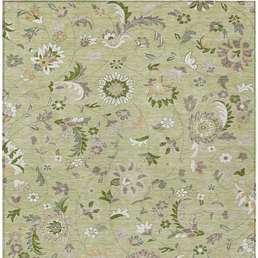 Artichoke Green Gray And Brown Floral Washable Indoor Outdoor Area Rug Photo 7