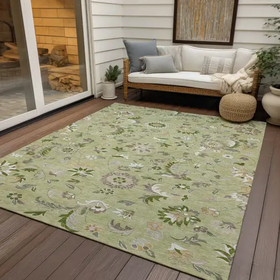 Artichoke Green Gray And Brown Floral Washable Indoor Outdoor Area Rug Photo 8