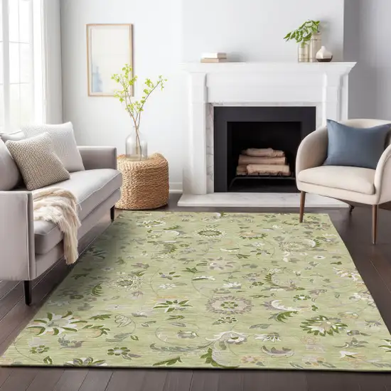 Artichoke Green Gray And Brown Floral Washable Indoor Outdoor Area Rug Photo 9