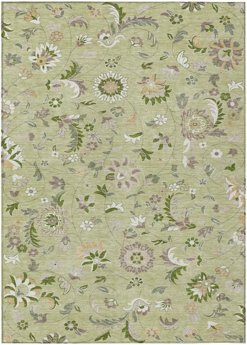 Artichoke Green Gray And Brown Floral Washable Indoor Outdoor Area Rug Photo 2
