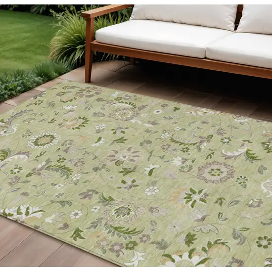 Artichoke Green Gray And Brown Floral Washable Indoor Outdoor Area Rug Photo 1