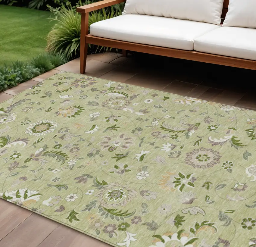 Artichoke Green Gray And Brown Floral Washable Indoor Outdoor Area Rug Photo 1