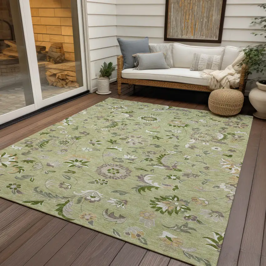 Artichoke Green Gray And Brown Floral Washable Indoor Outdoor Area Rug Photo 8