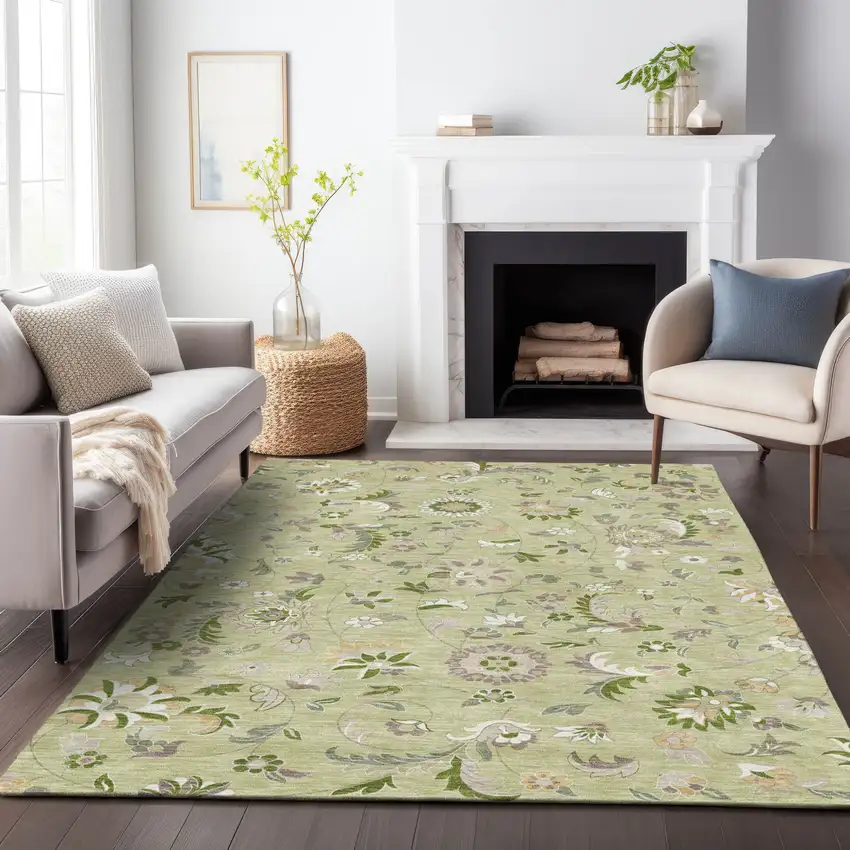 Artichoke Green Gray And Brown Floral Washable Indoor Outdoor Area Rug Photo 9