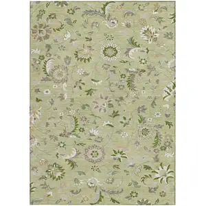 Photo of Artichoke Green Gray And Brown Floral Washable Indoor Outdoor Area Rug