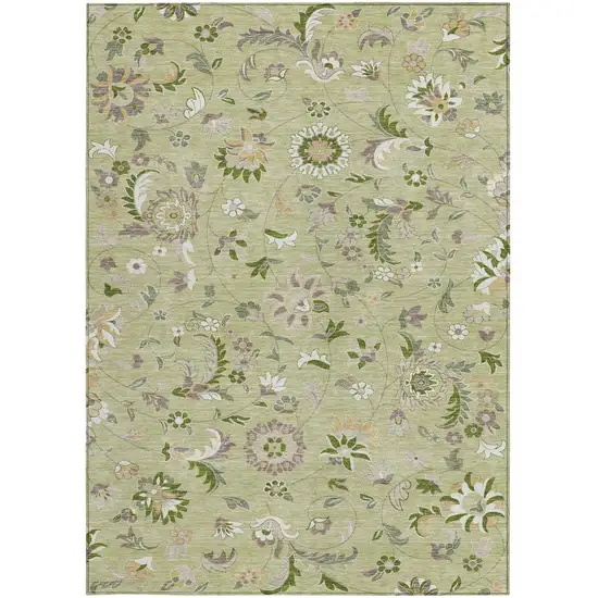 Artichoke Green Gray And Brown Floral Washable Indoor Outdoor Area Rug Photo 7