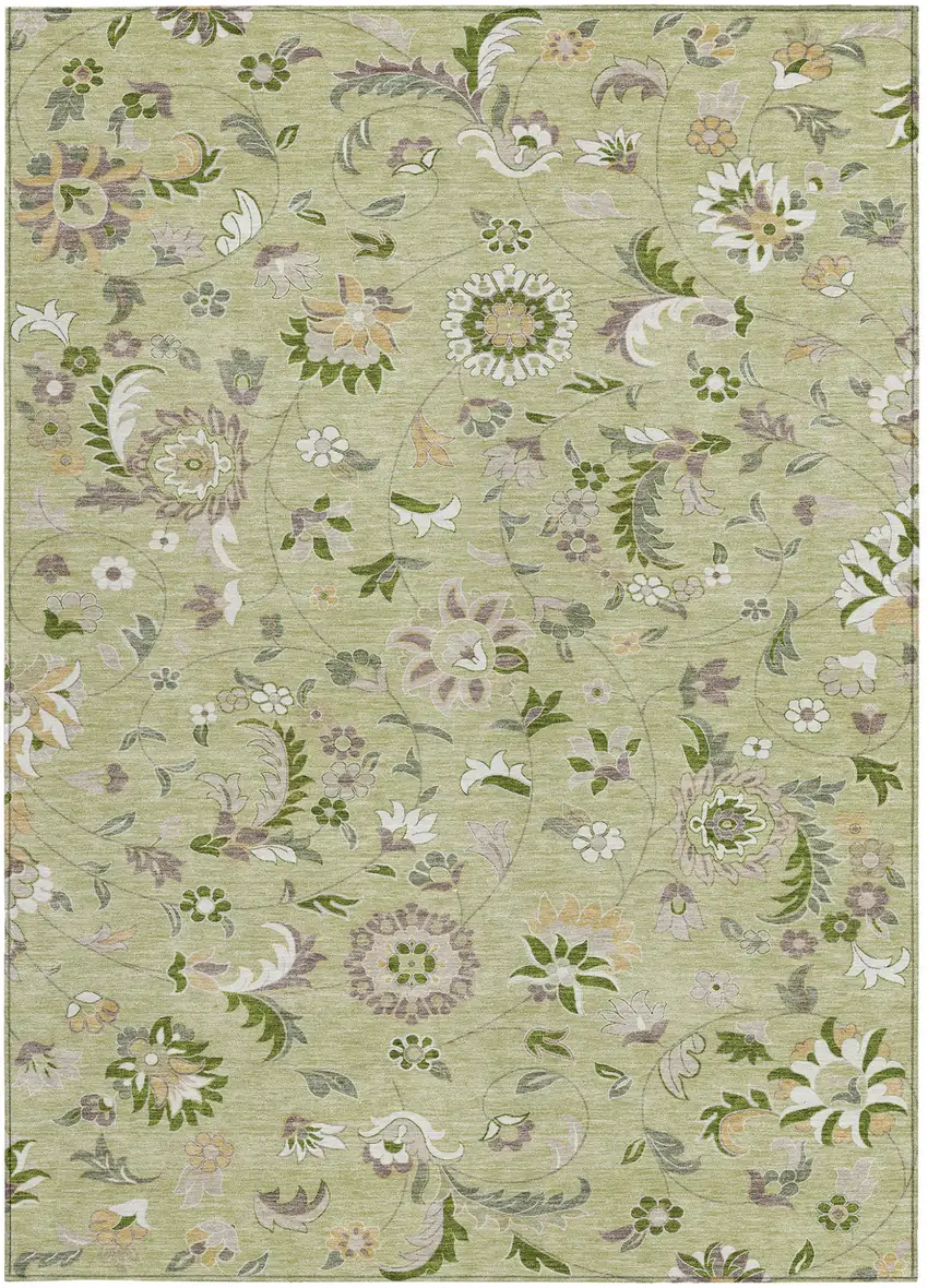 Artichoke Green Gray And Brown Floral Washable Indoor Outdoor Area Rug Photo 7