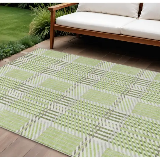 Artichoke Green Gray And Brown Plaid Washable Indoor Outdoor Area Rug Photo 1