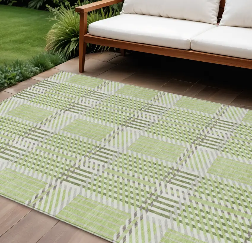 Artichoke Green Gray And Brown Plaid Washable Indoor Outdoor Area Rug Photo 1