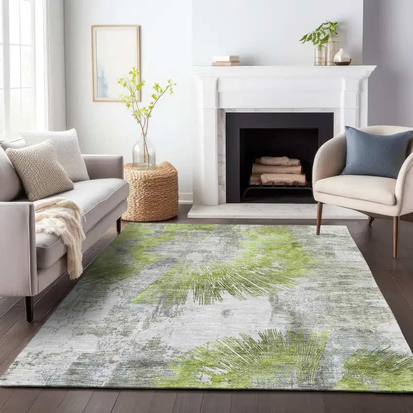 Artichoke Green Gray And Charcoal Abstract Washable Indoor Outdoor Area Rug Photo 7