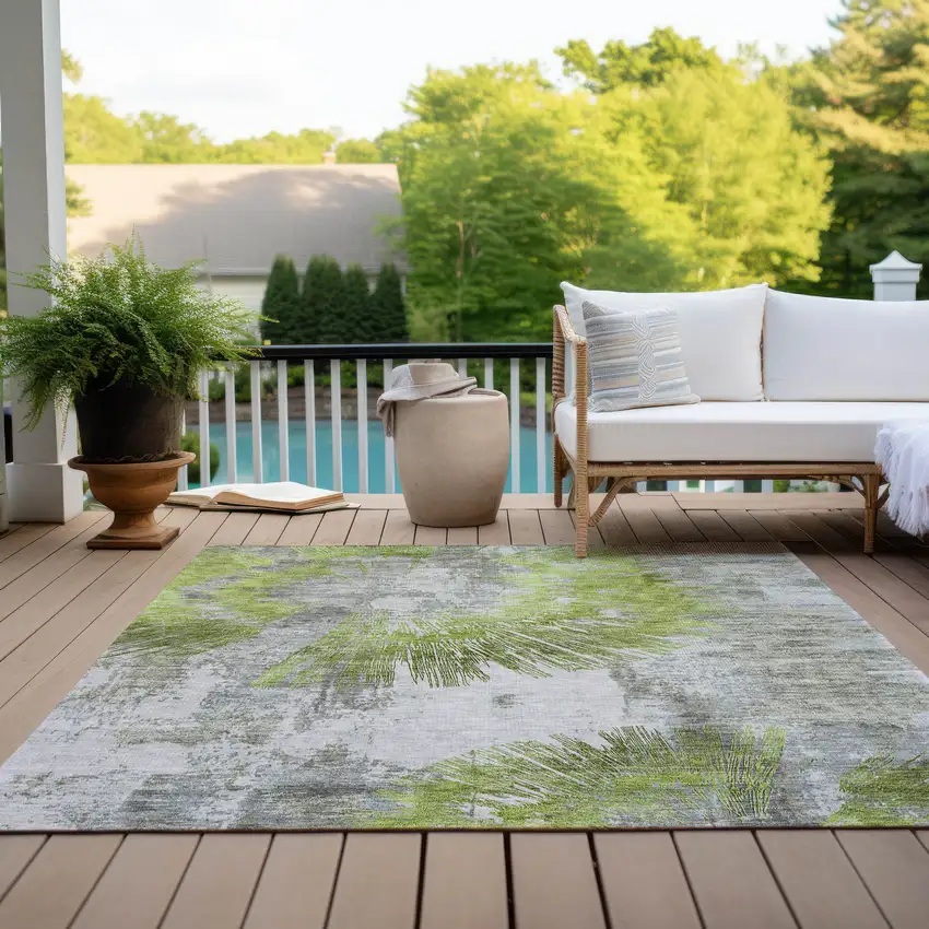 Artichoke Green Gray And Charcoal Abstract Washable Indoor Outdoor Area Rug Photo 9