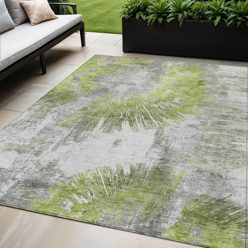 Artichoke Green Gray And Charcoal Abstract Washable Indoor Outdoor Area Rug Photo 1