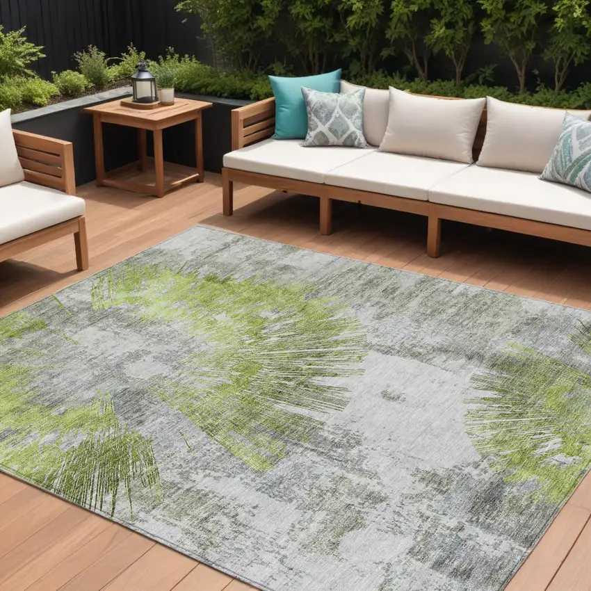 Artichoke Green Gray And Charcoal Abstract Washable Indoor Outdoor Area Rug Photo 1