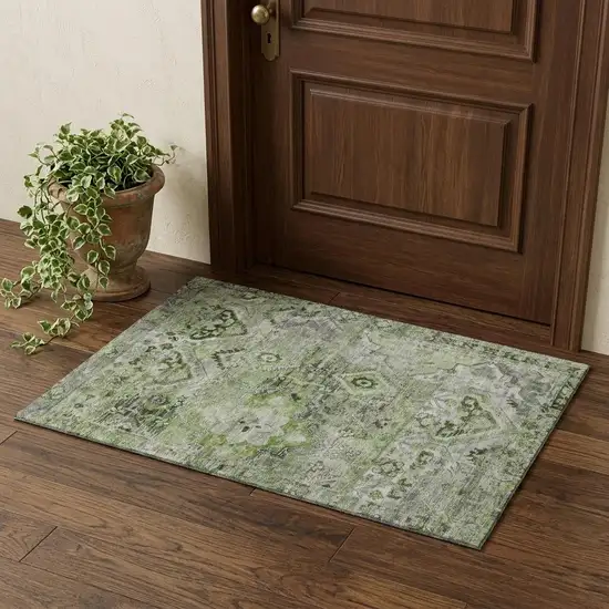 Artichoke Green Gray And Charcoal Floral Washable Area Rug With UV Protection Photo 1