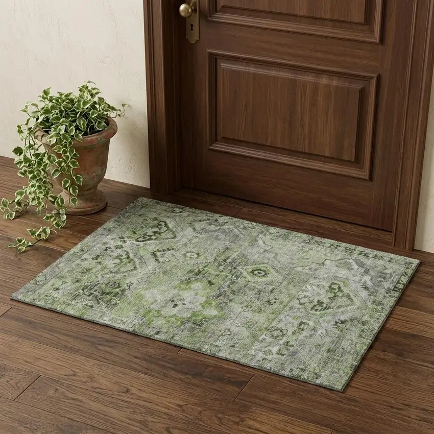 Artichoke Green Gray And Charcoal Floral Washable Area Rug With UV Protection Photo 1