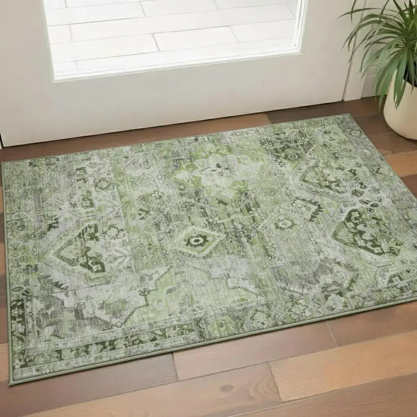 Artichoke Green Gray And Charcoal Floral Washable Area Rug With UV Protection Photo 2