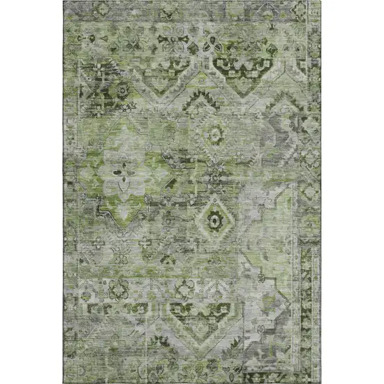 Artichoke Green Gray And Charcoal Floral Washable Area Rug With UV Protection Photo 1