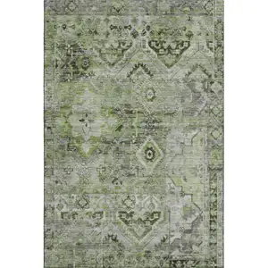 Photo of Artichoke Green Gray And Charcoal Floral Washable Area Rug With UV Protection