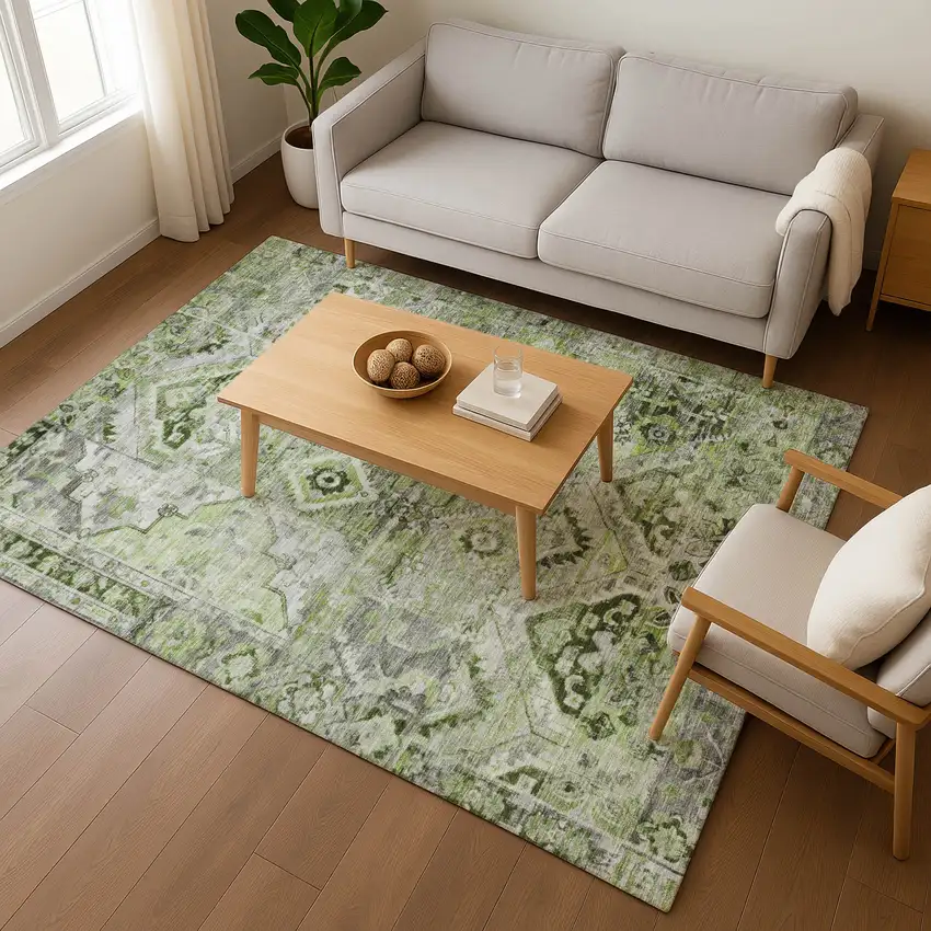 Artichoke Green Gray And Charcoal Floral Washable Area Rug With UV Protection Photo 5