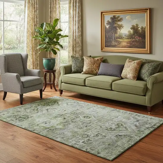 Artichoke Green Gray And Charcoal Floral Washable Area Rug With UV Protection Photo 2