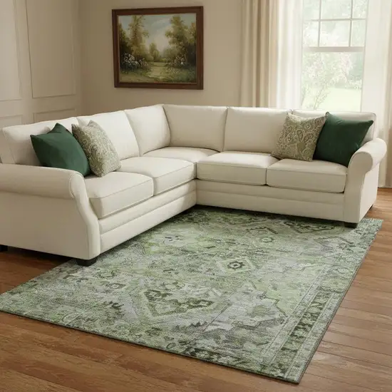 Artichoke Green Gray And Charcoal Floral Washable Area Rug With UV Protection Photo 2