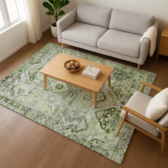 Artichoke Green Gray And Charcoal Floral Washable Area Rug With UV Protection Photo 5