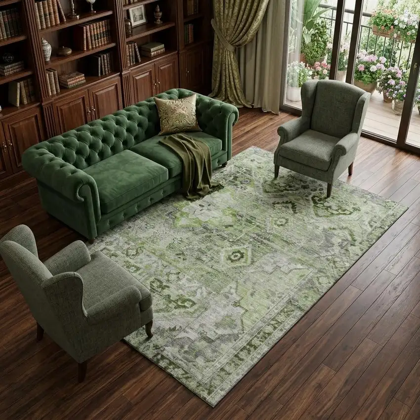 Artichoke Green Gray And Charcoal Floral Washable Area Rug With UV Protection Photo 1