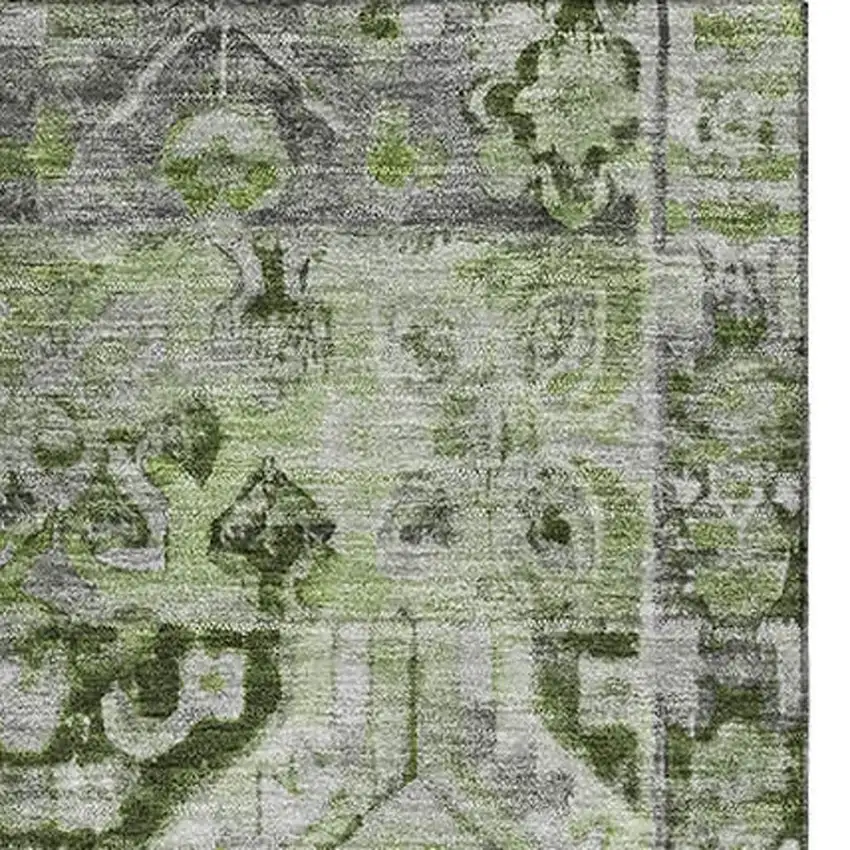 Artichoke Green Gray And Charcoal Floral Washable Area Rug With UV Protection Photo 3