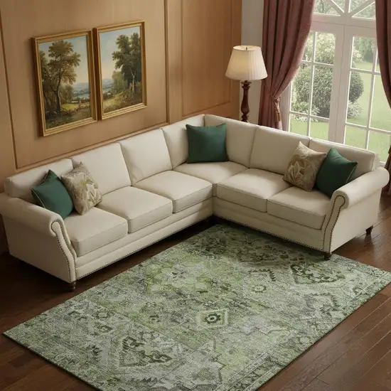 Artichoke Green Gray And Charcoal Floral Washable Area Rug With UV Protection Photo 2