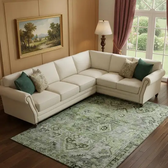 Artichoke Green Gray And Charcoal Floral Washable Area Rug With UV Protection Photo 2