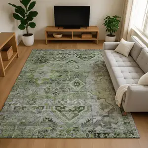 Photo of Artichoke Green Gray And Charcoal Floral Washable Area Rug With UV Protection