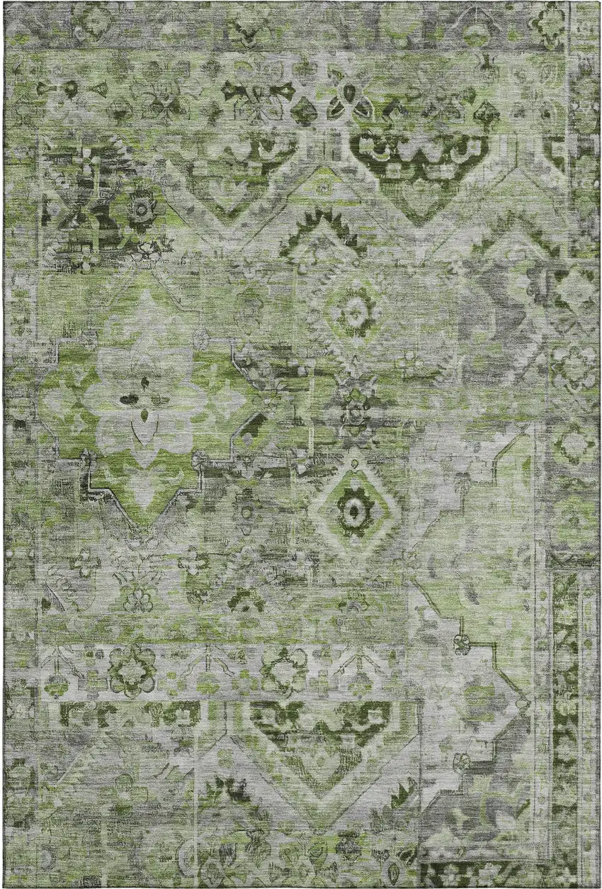 Artichoke Green Gray And Charcoal Floral Washable Area Rug With UV Protection Photo 1