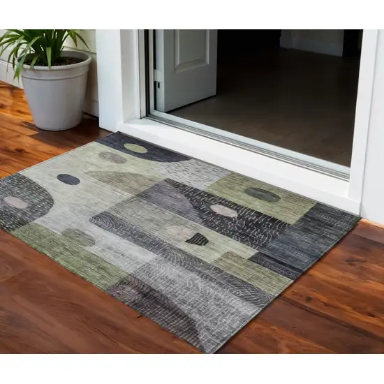 Artichoke Green Gray And Charcoal Geometric Washable Indoor Outdoor Area Rug Photo 1