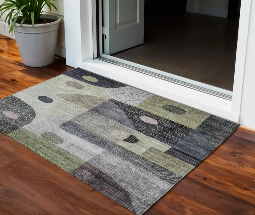 Artichoke Green Gray And Charcoal Geometric Washable Indoor Outdoor Area Rug Photo 1