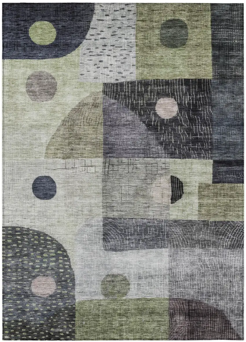 Artichoke Green Gray And Charcoal Geometric Washable Indoor Outdoor Area Rug Photo 2