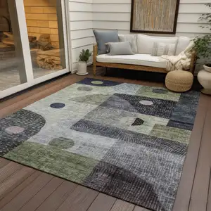 Photo of Artichoke Green Gray And Charcoal Geometric Washable Indoor Outdoor Area Rug