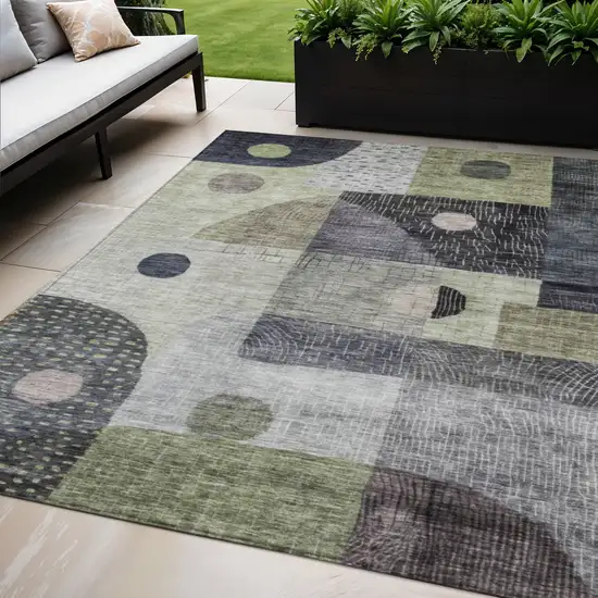 Artichoke Green Gray And Charcoal Geometric Washable Indoor Outdoor Area Rug Photo 1