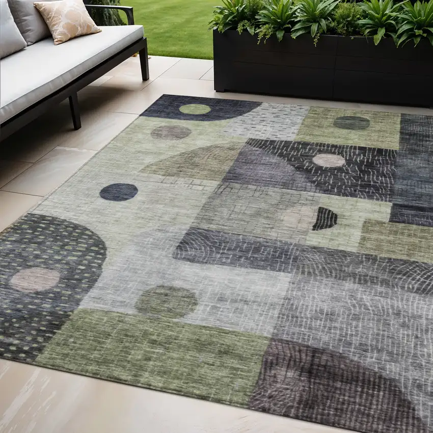 Artichoke Green Gray And Charcoal Geometric Washable Indoor Outdoor Area Rug Photo 1