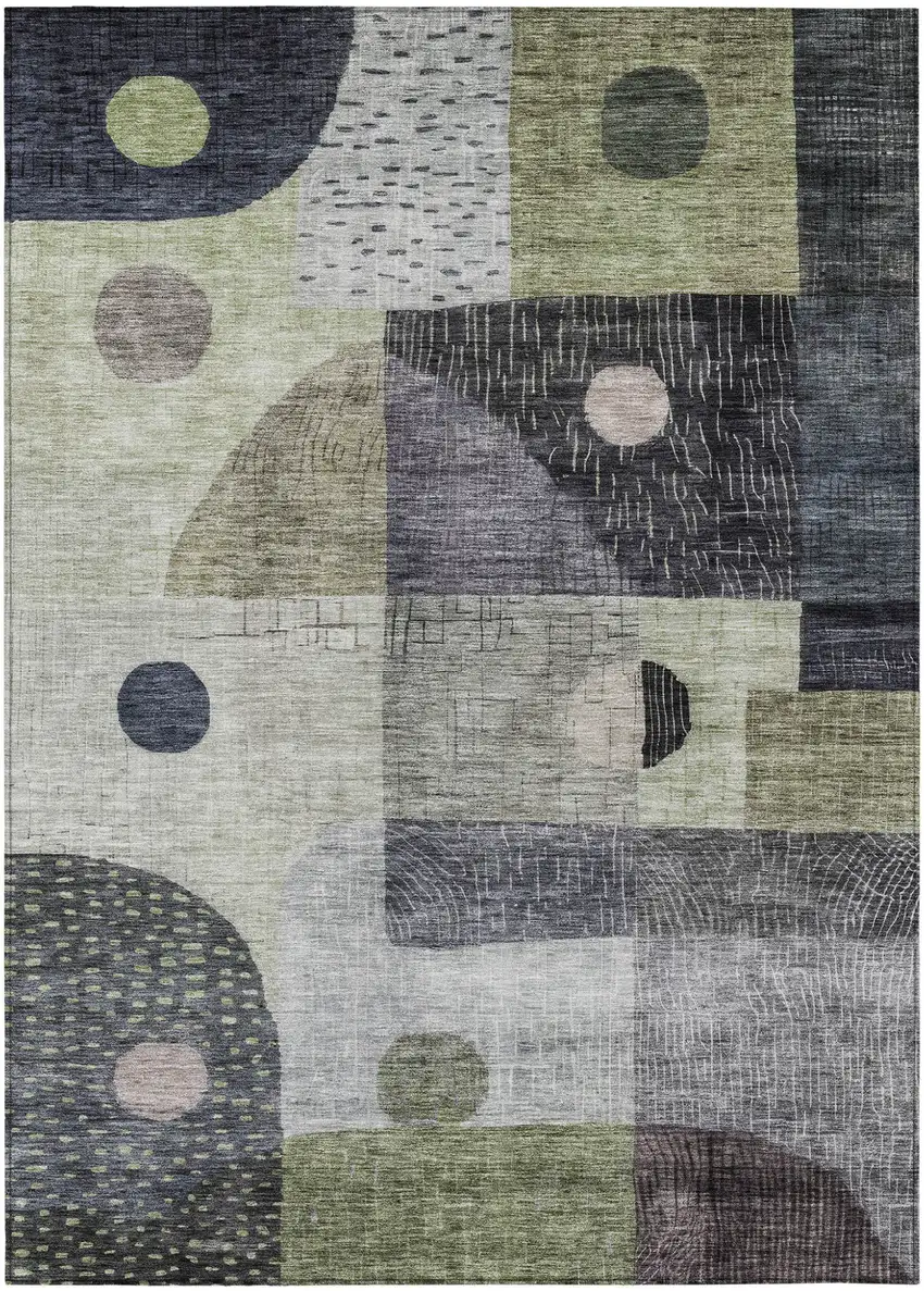 Artichoke Green Gray And Charcoal Geometric Washable Indoor Outdoor Area Rug Photo 2